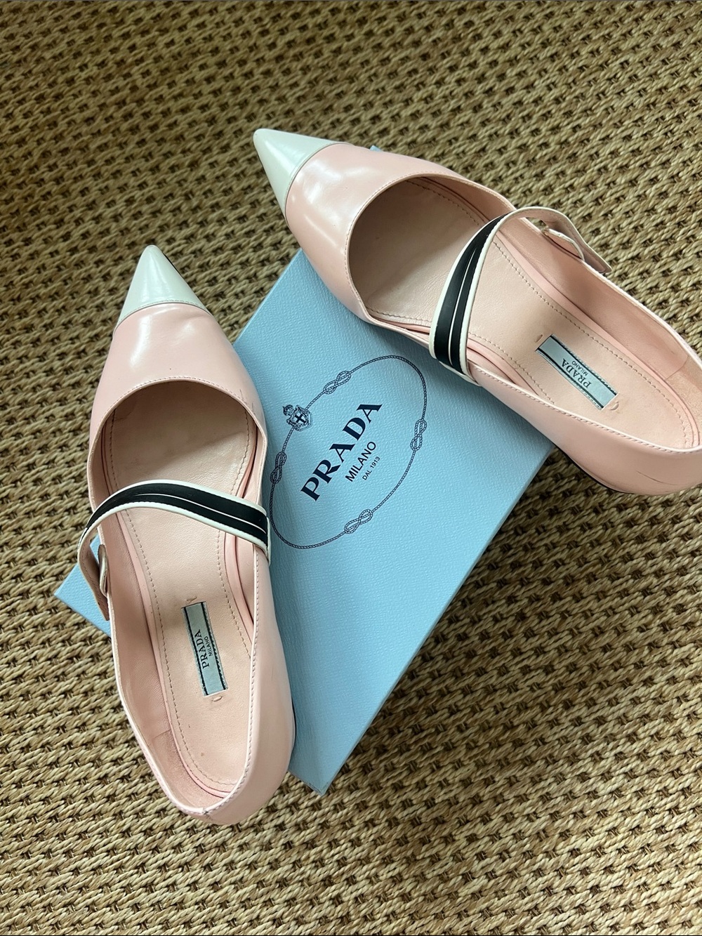 Prada Pink Leather Pointed-Toe Flats with White Cap and Black Strap